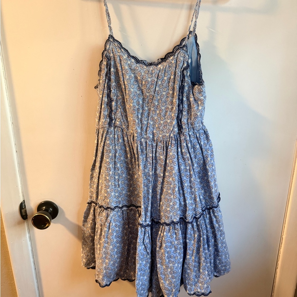 Blue Floral Tiered Slip Dress with Lace Trim